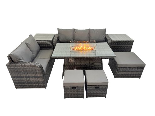 Fimous Garden Outdoor Rattan Furniture Set Rattan Love Sofa 3 Seater Sofa with 2 Side Tables 3 Footstools Dark Grey Mixed