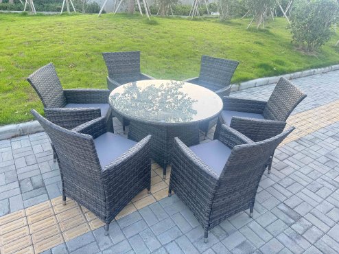 Fimous 7-Piece PE Rattan Garden Furniture 6 Seater Garden Big Round Table and Chairs for Patio Dark Grey Mixed