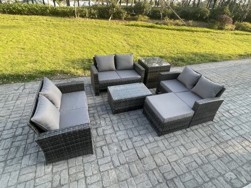 Fimous Dark Grey 7 Seater Outdoor Rattan Garden Furniture Set Patio Love Sofa Rectangular Coffee Table Set with Big Footstool Side Table