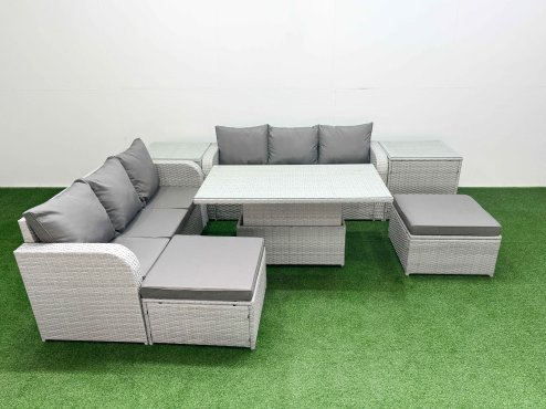 Fimous Outdoor Garden Furniture Sets 8 Seater Wicker Rattan Furniture Sofa Sets with Adjustable Lifting Dining or Coffee Table high Back Lounge Sofa 2 Big Footstool 2 Side Table Light Grey