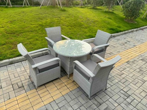 Fimous Rattan Garden Furniture Set with 1 Medium Round Coffee Table & 4 Seater Chairs Light Grey Mixed