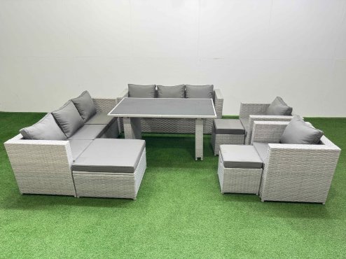 Fimous 11 Seater Wicker PE Rattan Furniture Outdoor Dining Table 3 Seater Sofa Armchair Set with 3 Stools Light Grey