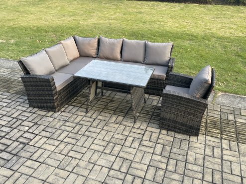 Fimous High Back Outdoor Garden Furniture Set Rattan Corner Sofa Dining Table Set With Armchair 7 Seater Dark Grey Mixed