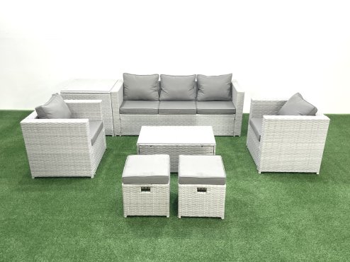 Fimous 7 Seater Rattan Garden Furniture Set with 3 Seater Sofa 2 Chair Rectangular Coffee Table 2 Small Footstools Side Table Light Grey Mixed
