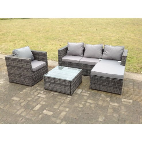 Fimous Lounge Dark Mixed Grey Rattan Sofa Set With Tables Stool Outdoor Garden Furniture Patio 5 Seater