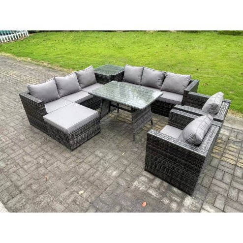Fimous 9 Seater Wicker Rattan Outdoor Furniture Lounge Sofa Garden Dining Set with Dining Table 2 Armchairs Side Tables Big Footstool Dark Grey Mixed