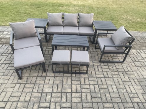 Fimous Aluminium 9 Pieces Garden Furniture Sofa Set with Cushions 8 Seater Outdoor Patio Set with 2 Armchair 3 Footstools 2 Side Table Dark Grey