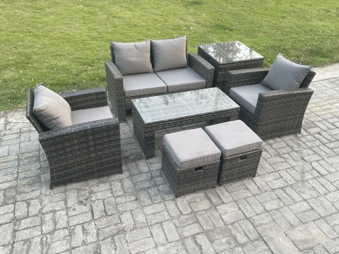 Fimous 6 Seater Outdoor Rattan Garden Furniture Set Patio Lounge Sofa Set with Coffee Table Side Table 2 Small Footstools Dark Grey Mixed