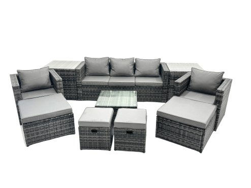 Fimous Outdoor Rattan Garden Furniture Set 9 Seater Patio Lounge Sofa Set with Armchair Square Coffee Table 2 Side Tables 4 Footstool Dark Grey Mixed
