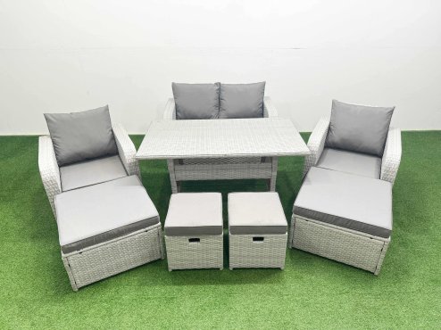 Fimous PE Rattan Lounge Sofa Set 8 Seater Outdoor Garden Furniture Set with Dining Table Love Sofa 2 Big Footstools 2 Side Tables Light Grey
