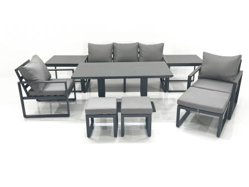 Fimous 8 Seater Aluminium Outdoor Garden Furniture Set with Adjustable Rising Lifting Dining Table 3 Seater Sofa 2 Chair 3 Footstool 2 Side Tables Dark Grey