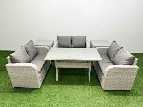 Fimous 6 Seater PE Wicker Rattan Furniture Sofa Sets with Rectangular Dining Table 2 Seater Love Sofa 2 Side Table Light Grey