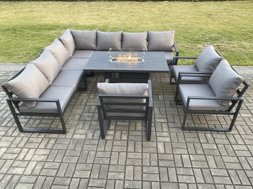 Fimous Aluminium 9 Pieces Garden Furniture Corner Sofa Set with Cushions Gas Fire Pit Dining Table Set Gas Heater Burner with 3 Chairs Dark Grey