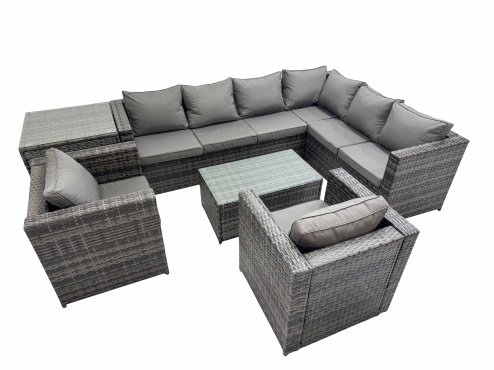 Fimous Patio Sofa Oblong Coffee Table Set Rattan Garden Furniture Set with 2 Chairs Side Table Dark Grey Mixed