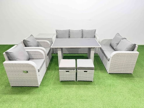Fimous 9 Seater Garden Furniture Set PE Ratten Garden Sofa Set with Rectangular Dining Table 2 Small Stools Side Table Light Grey