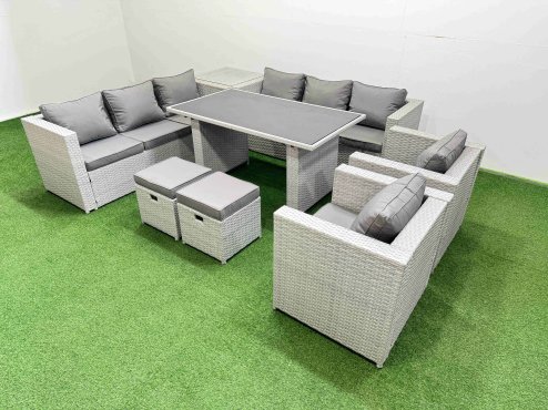 Fimous 10 Seater Wicker PE Rattan Furniture Outdoor Dining Table 3 Seater Sofa Armchair Set with Side Table 2 Small Stools Light Grey
