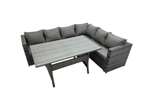 Fimous Rattan Garden Furniture Set Outdoor 8 Seater Patio Dining Corner Sofa Sets with Dining Table Dark Grey Mixed