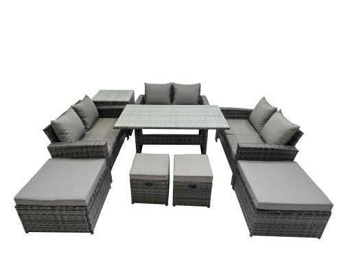 Fimous 10 Seater Wicker PE Rattan Furniture Outdoor Dining Table Double Seat Sofa Side Table 4 Stools Set Dark Grey Mixed