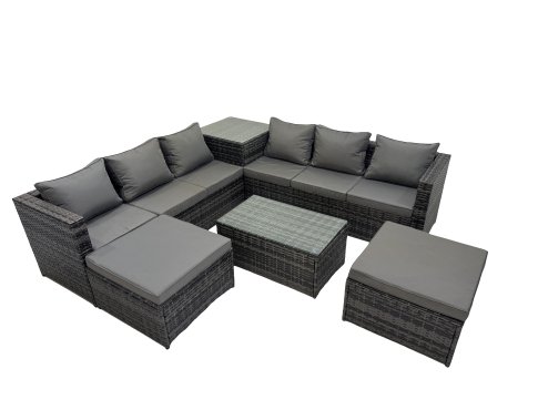 Fimous 8 Seater Garden Outdoor Rattan Furniture Set Patio Corner Sofa Rectangular Coffee Table with Side Table 2 Big Stool Dark Grey