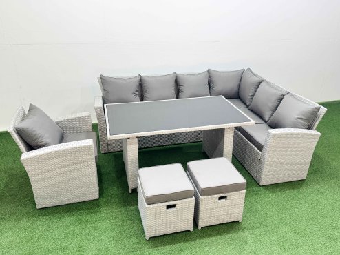 Fimous Outdoor Garden Furniture Sets 9 Seater Wicker Rattan Corner Sofa Sets with Rectangular Dining Table Lounge Sofa 2 Small Footstools Armchair Light Grey