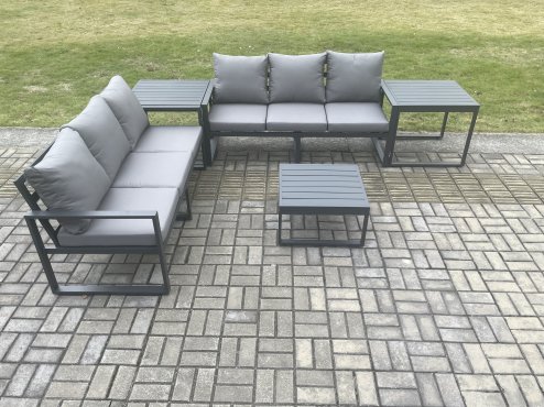 Fimous Aluminium 5 Pieces Garden Furniture Sofa Set with Cushions 6 Seater Outdoor Patio Set with Square Coffee Table 2 Side Tables Dark Grey