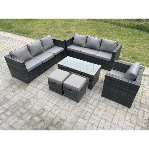 Fimous Outdoor Rattan Garden Furniture Lounge Sofa Set With Oblong Rectagular Coffee Table Arm Chair 2 Stools