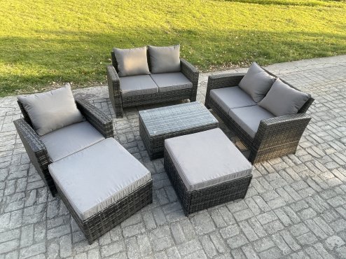 Fimous Outdoor Rattan Garden Furniture Set 7 Seater Patio Lounge Sofa Set with Coffee Table 2 Big Footstool Dark Grey Mixed