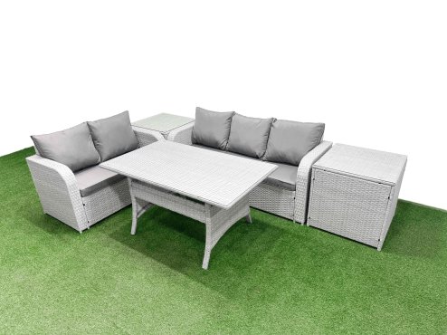 Fimous 5 Seater PE Rattan Wicker Garden Furniture Patio Conservatory Sofa Set with Rectangular Dining Table 3 Seater Sofa Love Sofa 2 Side Table