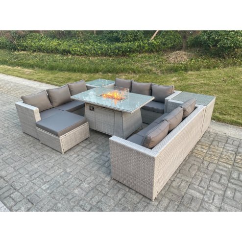 Fimous Light Grey U Shape Lounge Sofa Dining Set With Gas Heater Fire pit Burner With 2 PC Side Coffee Tea Table Footstool