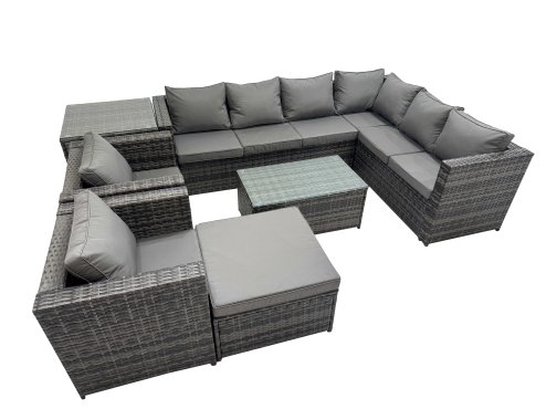 Fimous Patio Sofa Oblong Coffee Table Set Rattan Garden Furniture Set with 2 Chairs Big Stool Side Table Dark Grey Mixed