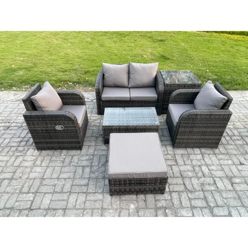Fimous 6 PC Outdoor PE Rattan Garden Furniture Set Wicker Love Sofa Coffee Table 2 Armchair Big Footstool Side Table Dark Grey Mixed