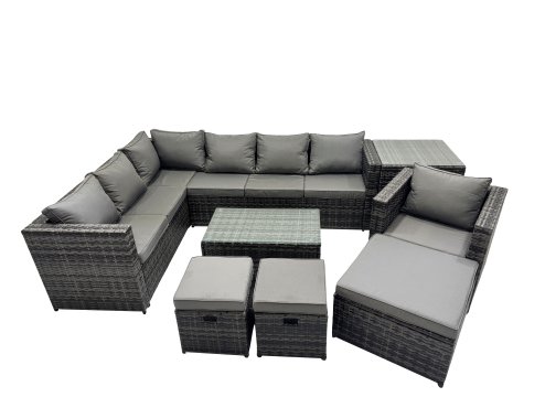 Fimous Outdoor Rattan Rectangular Coffee Table Corner Sofa Sets Garden Furniture Set with Side Table 2 Small Stools Dark Grey Mixed