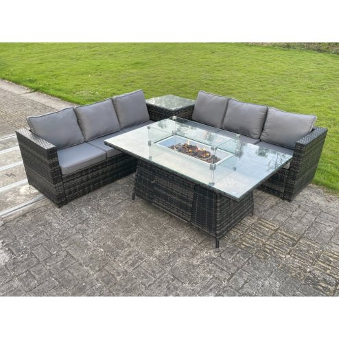 Fimous Outdoor Rattan Garden Corner Furniture Gas Fire Pit Table Dining Sets Gas Heater Burner Lounge Dark Grey 6 Seater