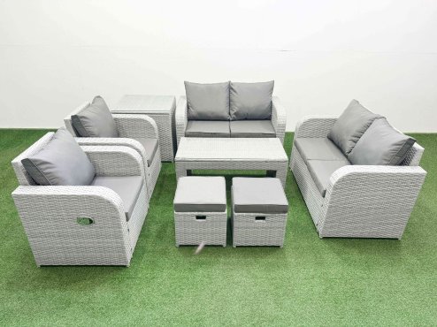 Fimous 8 Seater Outdoor Reclining Chair Love Sofa Set Rattan Garden Furniture Set with Oblong Coffee Table 2 Stools Side Table Light Grey