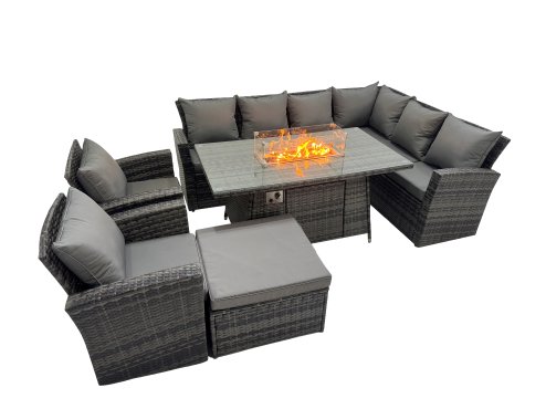 Fimous Outdoor Furniture Garden Dining Set Rattan Corner Sofa Chair Set Gas Fire Pit Table with Temper Glass Big Footstool Dark Grey Mixed