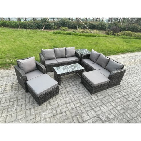 Fimous Outdoor Lounge Sofa Set 9 Seater Rattan Garden Furniture Set with Rectangular Coffee Table 2 Big Footstool 3 Seater Sofa Side Table Dark Grey Mixed