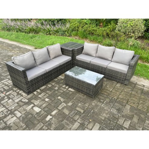 Fimous 6 Seater Rattan Garden Furniture Set Outdoor Patio Sofa Set with Oblong Coffee Table Side Table Dark Grey Mixed