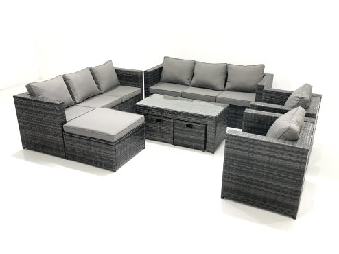 Fimous Rattan Garden Furniture Sofa Set with Coffee table Armchair 3 Footstools Dark Grey Mixed