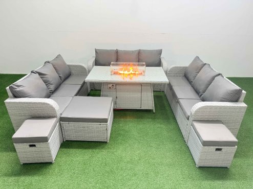 Fimous PE Rattan Lounge Sofa Set 12 Seater Outdoor Garden Furniture Set with Firepit Dining Table 3 Seater Sofa 3 Stools Light Grey