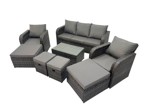 Fimous Outdoor Reclining Chair 3 Seater Sofa Coffee Table Set Garden Rattan Furniture Set 9 Seater with 4 Stools Dark Grey