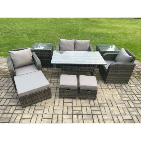 Fimous Rattan Outdoor Garden Furniture Set Rectangular Dining Table and Chair Sofa Set With 2 Side Tables 3 Footstools Dark Grey Mixed
