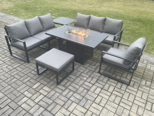 Fimous Aluminium 6 Pieces Garden Furniture Sofa Set with Cushions 8 Seater Gas Fire Pit Dining Table Set with Side Table Big Footstool Dark Grey