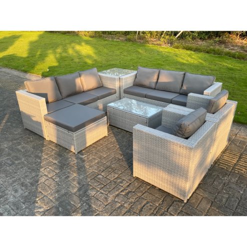 Fimous 9 Seater Light Grey Outdoor PE Rattan Garden Furniture Set Sofa Set Coffee Table Footstool 2 Armchair