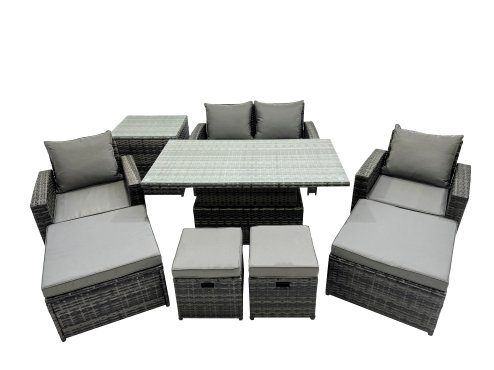 Fimous Outdoor Love Sofa Set 8 Seat Rattan Garden Furniture Set with Adjustable Lifting Dining or Coffee Table 4 Stools Side Table Dark Grey Mixed