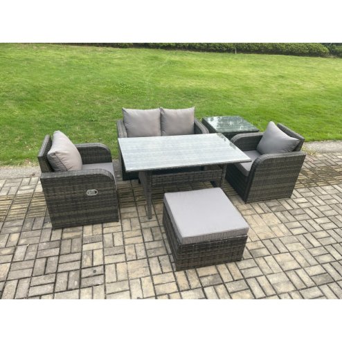 Fimous Outdoor Rattan Garden Furniture Lounge Sofa Set With Oblong Rectangular Dining Table 2 PC Reclining Chair Side Table Big Footstool