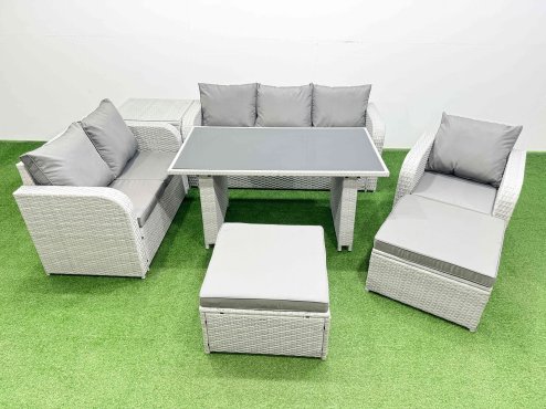 Fimous Rattan Outdoor Table Reclining Chair Sofa Set with Side Table 2 Big Stools Light Grey 8 Seater