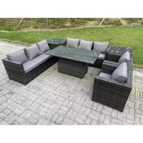 Fimous Wicker PE Garden Furniture Rattan Sofa Set Outdoor Adjustable Rising Lifting Dining Table Set with 2 Armchairs 2 Side Tables Dark Grey Mixed