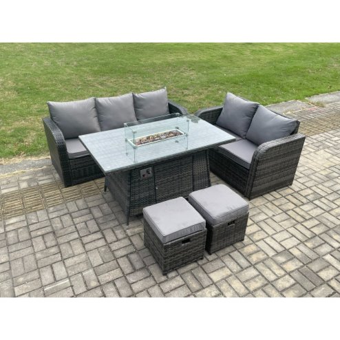 Fimous PE Wicker Outdoor Rattan Garden Furniture Set Propane Gas Fire Pit Table and Sofa set with 2 Small Footstools