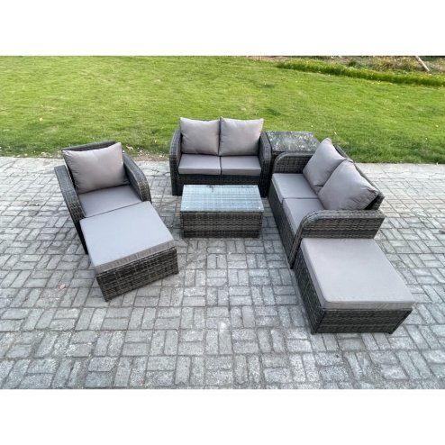 Fimous 7 Seater High Back Rattan Garden Furniture Set with Loveseat Sofa Rectangular Coffee Table 2 Big Footstool Side Table Indoor Outdoor Patio Lounge Sofa Set Dark Grey Mixed