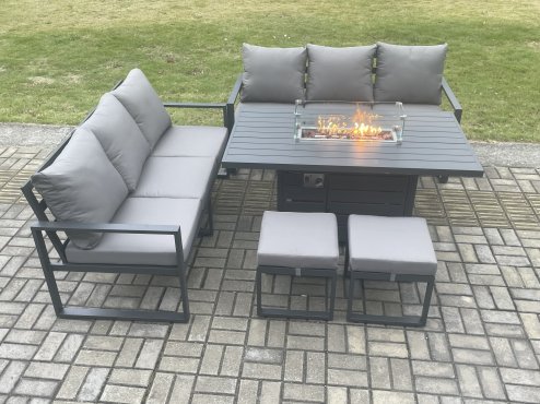 Fimous Aluminium 8 Seater Outdoor Garden Furniture Lounge Sofa Set Gas Fire Pit Dining Table with 2 Small Footstools Dark Grey